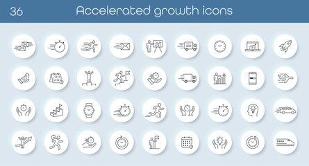 Flat icon set illustrating accelerated growth, career progress, speed, and success. Includes fast transport, stopwatch, running person, and rising steps. Perfect for business and motivation themes.