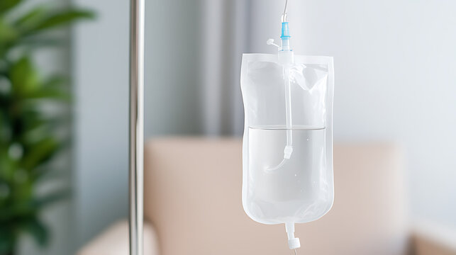 IV drip bag hanging on a metal stand, providing fluids. Medical care and treatment for patients in hospitals or at home. Hydration and medication administration.