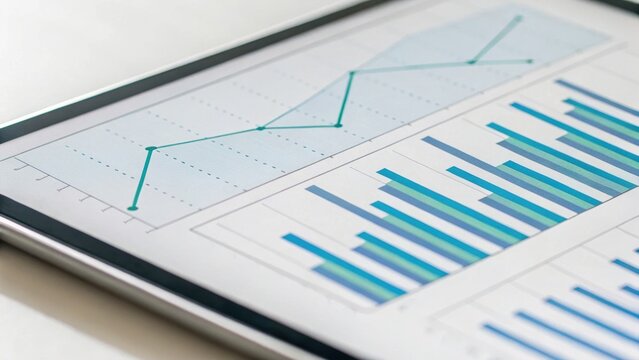 Digital tablet displaying analytical graphs and bar charts, emphasizing data visualization and business insights.