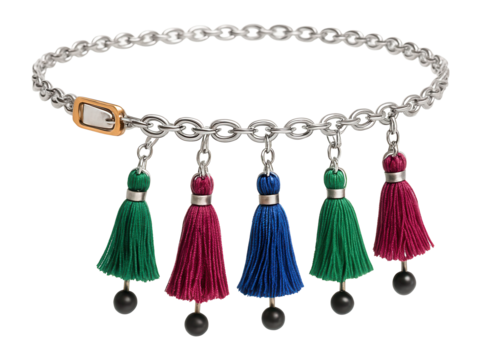Belly chain featuring small dangling tassels in vibrant colors