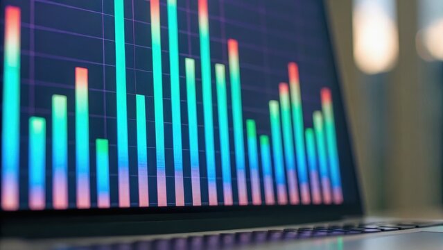 Vibrant data visualization displayed on a laptop screen, showcasing colorful bar graphs representing statistical information.