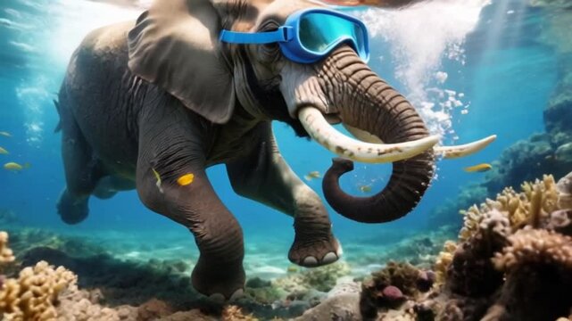 An elephant wearing diving goggles playfully diving in a sea, perfect for elephant day