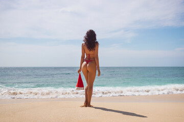 Back View of Woman in Red Bikini with Santa Hat on Beach