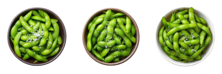 Fresh Edamame Beans Served in Bowls with Sea Salt Garnish Isolated on Transparent Background