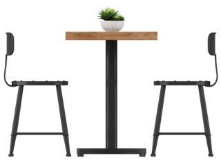 Industrial bar table with wooden top and black metal stools front view isolated on transparent background
