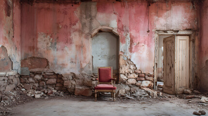 beautiful abandoned building photo with dusty rose rust red weathered stone and pale beige tones capturing aged textures and serene architectural decay