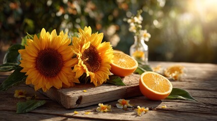 Top-down view of sunflowers and citrus slices on rustic table, radiating summer freshness