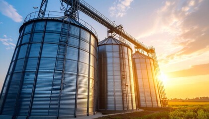 Obraz premium Sunrise Over Modern Silos in Agricultural Landscape with Clouds