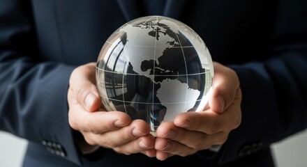 A businessman holds a glass globe in his hands