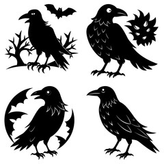 Obraz premium Four black ravens in different spooky scenes including bats and a tree on a white background isolated