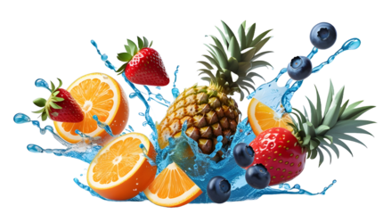 High-resolution vector of fresh fruits—strawberries, oranges, pineapples, and blueberries—splashing mid-air with juicy drops, isolated on a transparent background, perfect for food and beverage design
