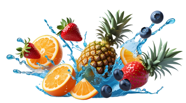 High-resolution vector of fresh fruits—strawberries, oranges, pineapples, and blueberries—splashing mid-air with juicy drops, isolated on a transparent background, perfect for food and beverage design