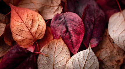 closeup of vibrant autumn leaves in rich red and orange tones with dry textures and moody lighting