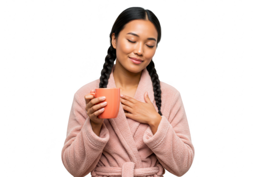 A serene woman in a robe is enjoying a cup of coffee isolated on transparent background