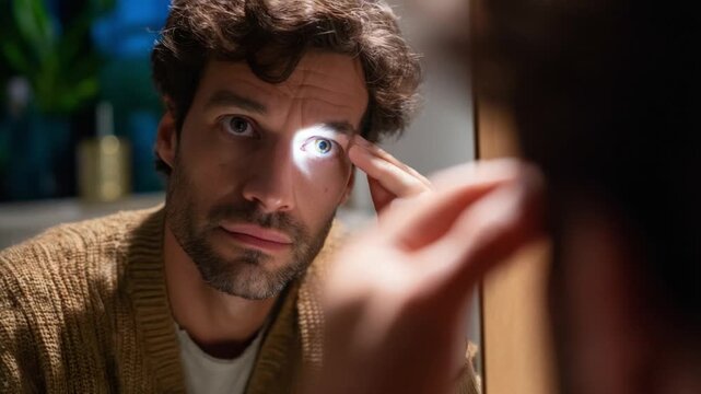 Introspection's Gaze: A man gazes intently at his reflection, a spotlight of thought illuminating his face, suggesting deep contemplation.