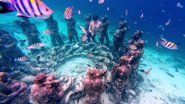 Scuba diver exploring the Bask Nest Underwater sculptures with fishes swimming around in Indonesia.