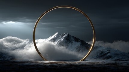 A luminous golden ring frames a majestic snow-capped mountain range emerging from swirling clouds, evoking a sense of wonder and the sublime power of nature.