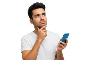 A young man is thinking while holding a smartphone, isolated on transparent background