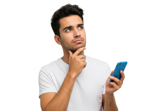 A young man is thinking while holding a smartphone, isolated on transparent background