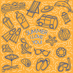 Set of hand drawn outline drawings on the theme of summer.