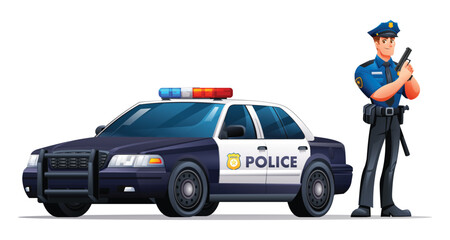 Police officer in uniform standing next to a patrol car holding a gun. Vector cartoon illustration © YG Studio