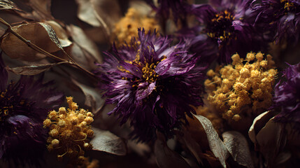dried purple and yellow flowers in soft moody light with earthy textures and deep natural tones