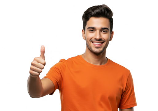 A young man gives a thumbs up with a cheerful smile, isolated on transparent background