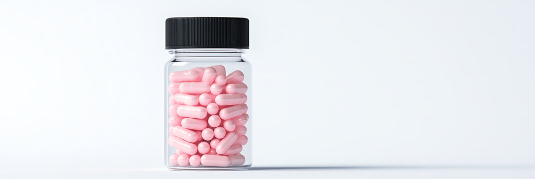Jar of Pink Capsules: A clear jar filled with pink capsules and pills, set against a white background. Medical supplies, health aids, and treatment concepts.