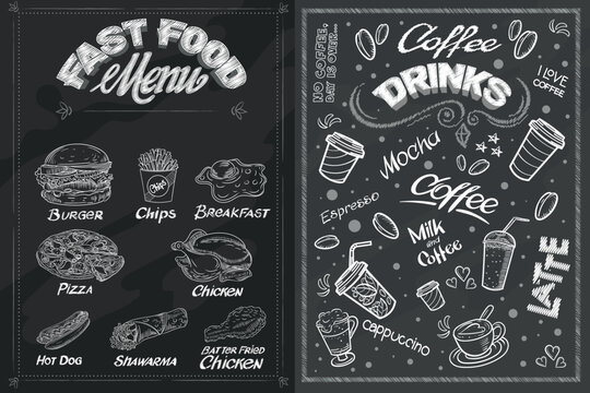 Set of chalk drawings on two boards, Fast food and Coffee drinks.