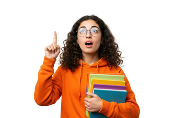 A young woman with curly hair has an idea while holding books, isolated on transparent background