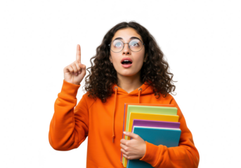 A young woman with curly hair has an idea while holding books, isolated on transparent background