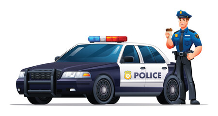 Police officer in uniform standing next to a patrol car holding a coffee cup. Vector cartoon illustration © YG Studio