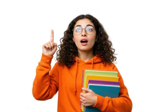 A young woman with curly hair has an idea while holding books, isolated on transparent background