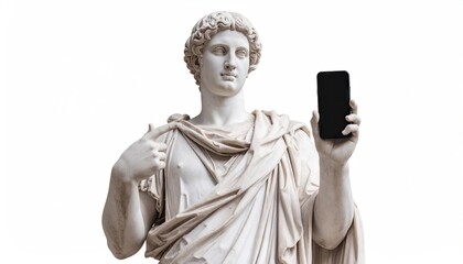 Ancient statue holding a phone