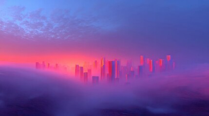 Fototapeta premium Digital art piece that appears to be a cityscape at sunrise or sunset. the sky is a gradient of pink and blue, with the sun partially visible in the top left corner.