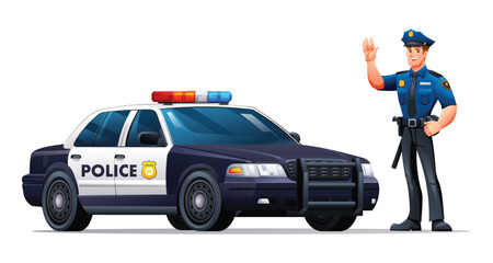 Police officer in uniform standing next to a patrol car with hand raised in a waving gesture. Vector cartoon illustration © YG Studio