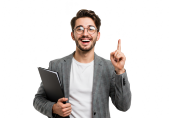 A happy man with a notebook is pointing up with an idea isolated on transparent background