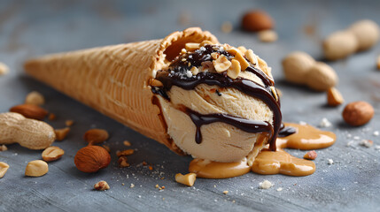 Delicious Peanut Butter Ice Cream Cone with Chocolate Drizzle and Nuts on a Blue Surface