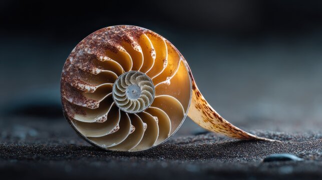 Detailed nautilus shell, intricate spiral, dark backdrop