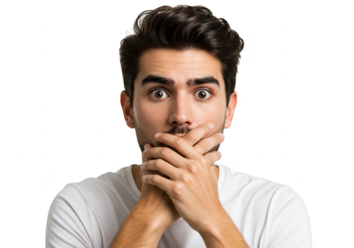 A surprised young man with his hands over his mouth, isolated on transparent background, conveys a sense of shock and disbelief