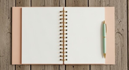 An open blank notebook with a pen rests on a rustic wooden table surface