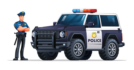 Police officer in uniform standing with arms crossed next to a police SUV. Vector cartoon illustration