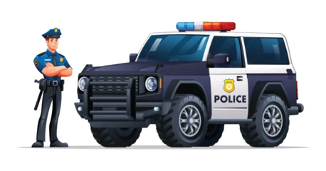 Selbstklebende Fototapeten Cartoon Auto Police officer in uniform standing with arms crossed next to a police SUV. Vector cartoon illustration  © YG Studio