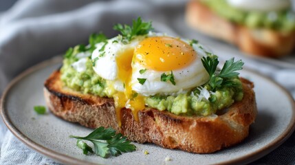 Artisan bread with creamy mashed peas, runny egg yolk, red onion petals