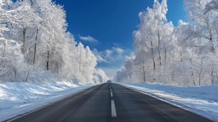 Snowy road and frosty trees under clear blue sky. Neural network AI generated