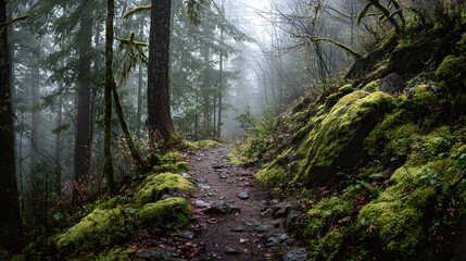 mossy forest trail winding through tall trees with soft fog and rich green undergrowth in morning light