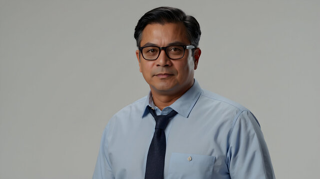 A serious man in a shirt and tie with glasses looks directly at the camera with a plain background.