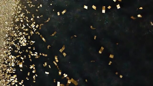 Gold colored stream of confetti falling from the sky. The confetti is falling in a pattern, with some pieces falling in a straight line and others in a more scattered manner. The scene is lively