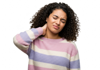 A young woman with curly hair is suffering from neck pain, isolated on transparent background