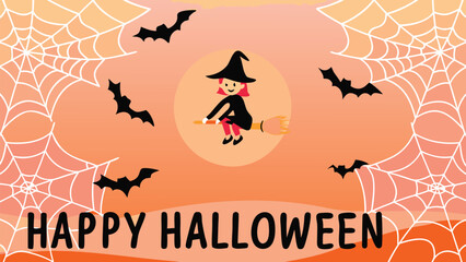 A cartoon witch flying on a broomstick with bats and spiderwebs on an orange gradient background for halloween